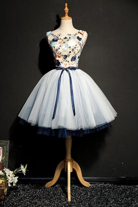 Sleeveless Prom Dress,blue Party Dress,vintage Homecoming Dress With Appliuqe,custom Made
