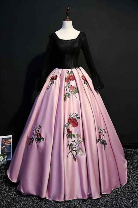 Long Sleeve Prom Dress,vintage Eveninng Dress,unique Party Dress,charming Ball Gown With Embroidered, Custom Made