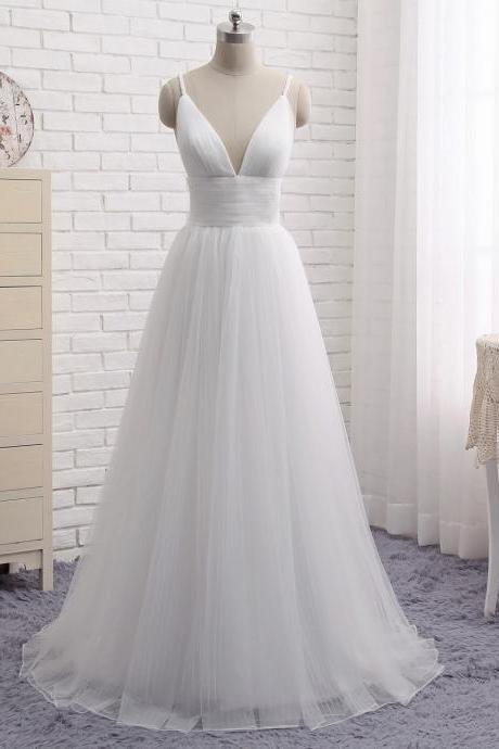 Spaghetti Strap Evening Dress, White Wedding Dress, Beach Bridal Dress,custom Made