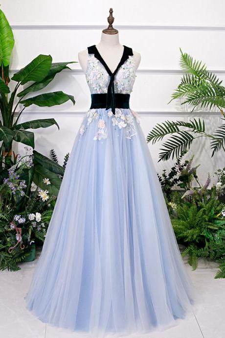 New spring and summer stage performance dress, blue evening dress, V-neck bouffant dress,Custom Made