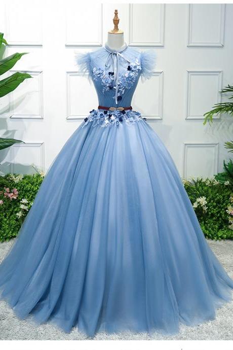 Blue party dress, stage outfit,high neck ball gown, personality design, fairy dress,Custom made