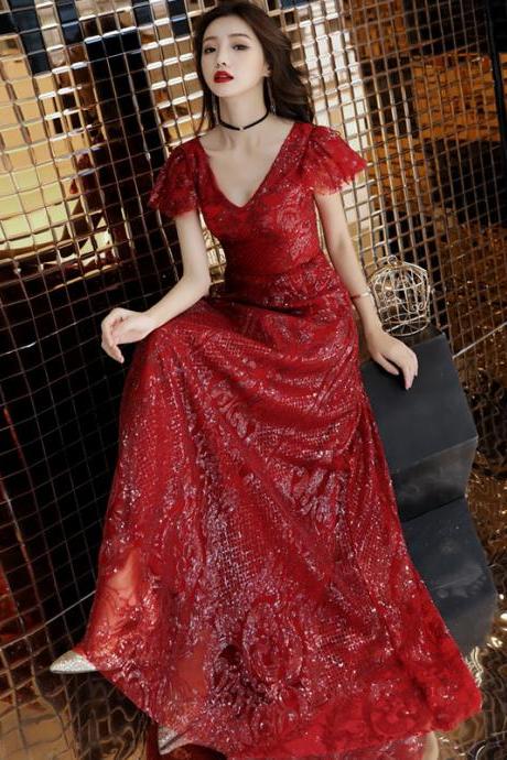 V-neck, Sequins, Elegant Dress, Red Evening Dress,custom Made