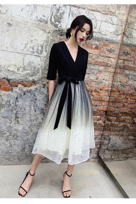 , Spring And Summer Evening Dress, Temperament V-neck, Short Style Dress, Black Gradient Dress,custom Made