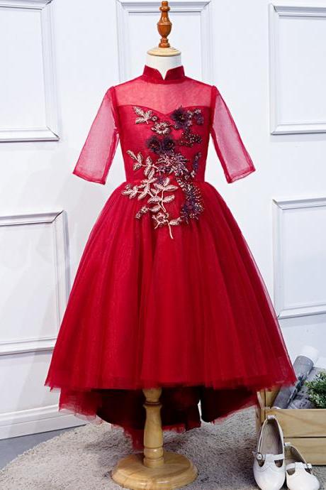Princess dress girl, evening dress new style, red bouffant gauze, wedding dress for children