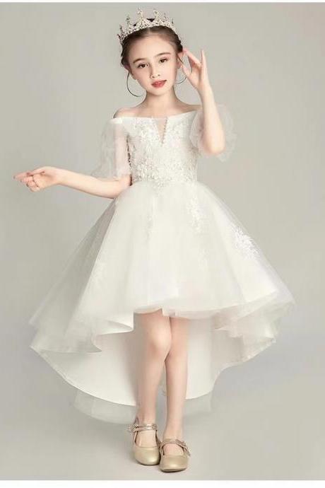 White lace princess dress for children, high low puffy dress for girls' wedding dress