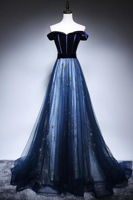 Elegant Prom Dress,off Shoulder Party Dress,blue Evening Dress With Sequin, Custom Made