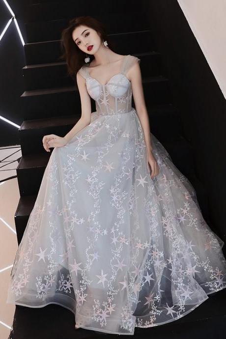 Off Shoulder Prom Dress,gray Party Dress,sexy Evening Dress With Star, Custom Made