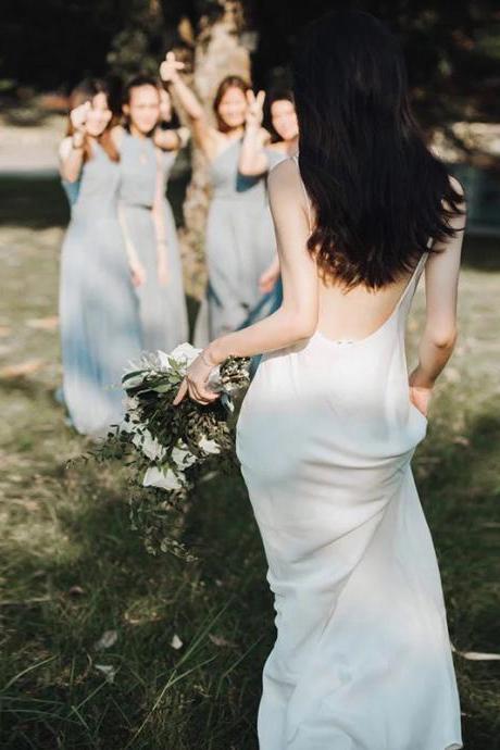 Light Wedding Dress ,sexy White Backless Bridal Wedding Dress,spaghetti Strap Long Wedding Dress,custom Made