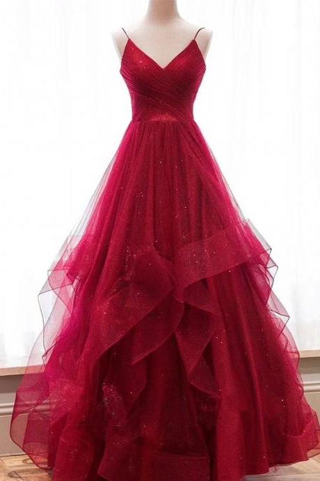Long Prom Dress, Red Party Dress, Elegant Spaghetti Strap Dress, Irregular Hem,custom Made