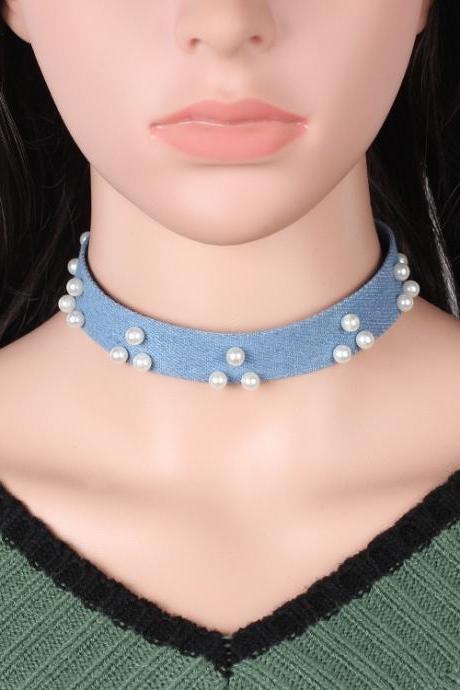 2 pcs on sale,Short necklace for women, pearl denim choker, choker collar set
