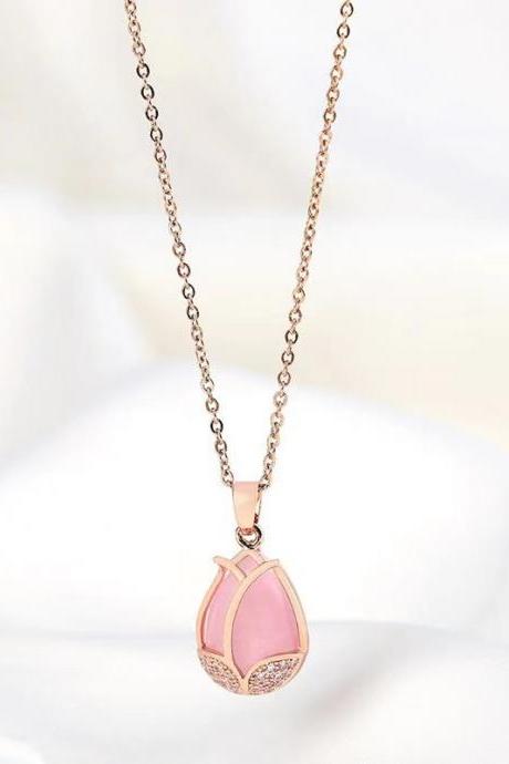 Sweet, Pink Tulip Pendant Necklace , 18k Stainless Steel Collarbone Chain