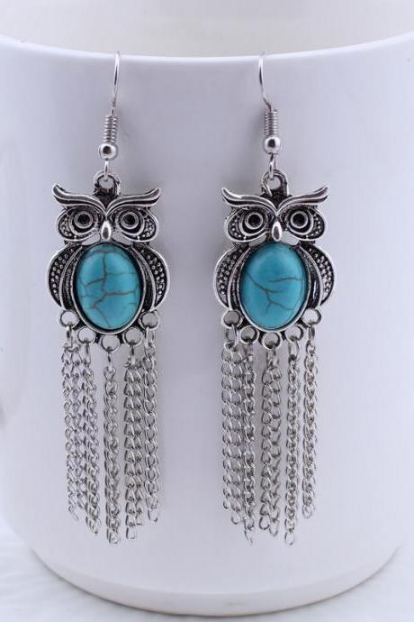 Manufacturer Wholesale, Vintage, Fashion, Owl Turquoise Earrings, Women Chain Tassel Earrings