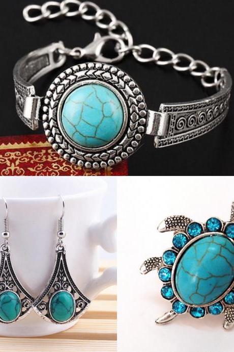 Vintage, ethnic style jewelry, turquoise earrings + ring + bracelet set, cheap sale, manufacturers direct sales