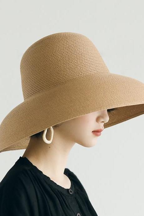 Straw hat with large eave, travel sun protection, Hepburn wind hat, holiday beach hat, foldable hat
