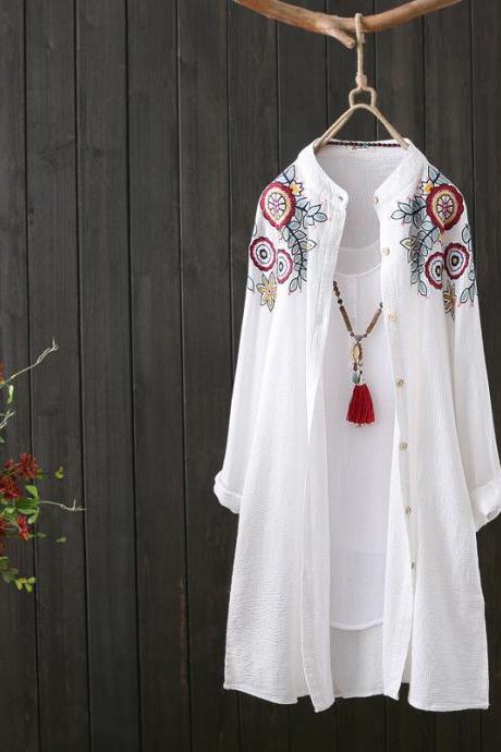 Pure Cotton Blouse, Spring And Autumn Shirt, Long Art Jacket, Heavy Industry Embroidered Cardigan