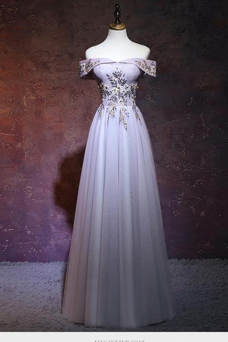 Off shoulder evening dress,light purple prom dress,applique formal dress,Custom Made