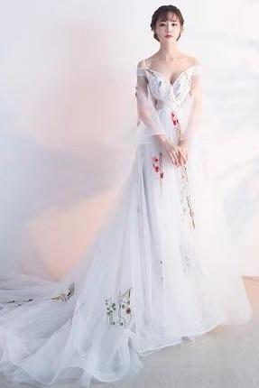 Long Flower Fairy Dress, White Party, Fashion Wedding Dress With Train,custom Made