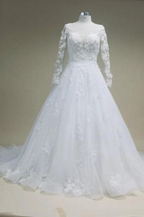 Self -created handmade,long sleeve wedding dress,white bridal dress with train,custom made