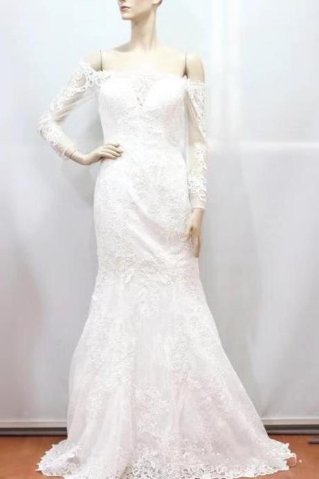 Self -created handmade,long sleeve wedding dress,white bridal dress,high quality lace,custom made