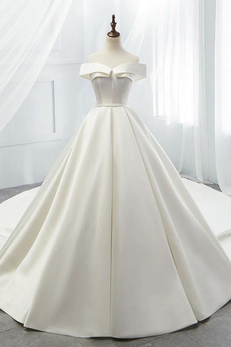 Off Wedding Dress, Bouffant Princess Wedding Dress, Simple Trailing Satin Wedding Dress,custom Made