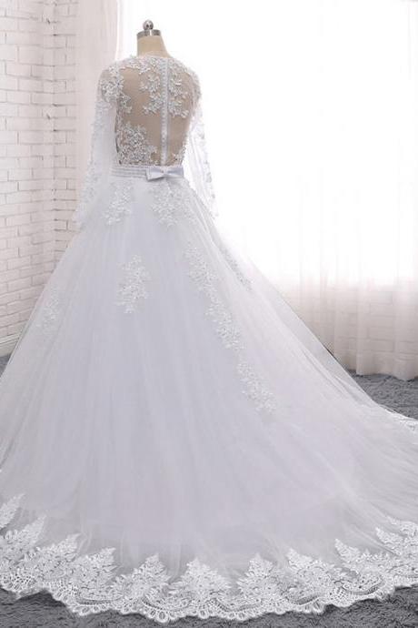 Long sleeve,Floor-length wedding dress, backless lace applique bridal wedding dress,custom made