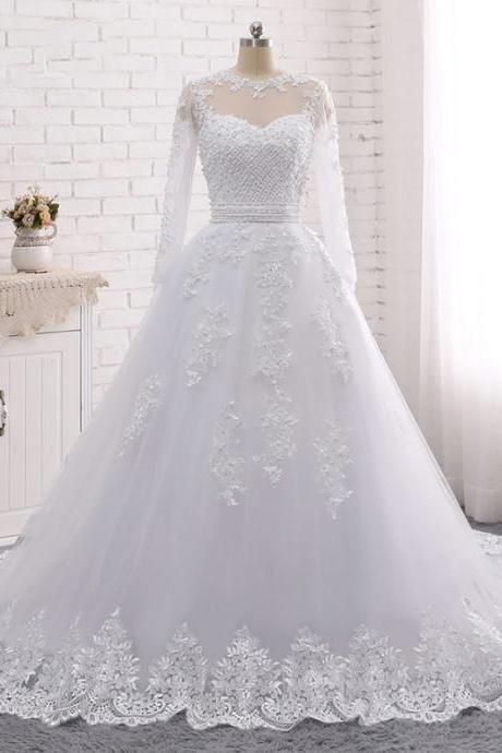 Long Sleeve,floor-length Wedding Dress, Backless Lace Applique Bridal Wedding Dress,custom Made