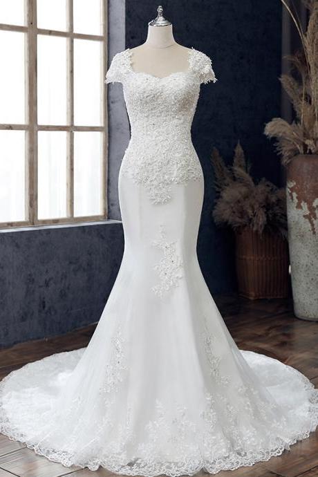 New style, bridal wedding dress, square collar, simple, mermaid trailing wedding dress,custom made