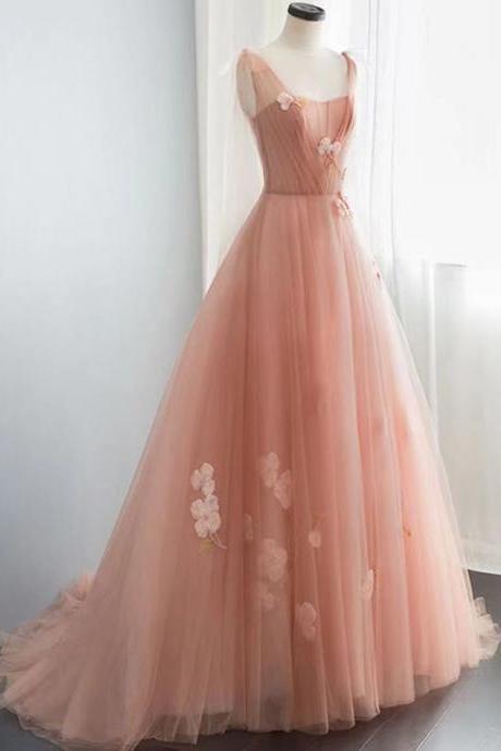 Pink Party Dress Backless Floor Length Dress Tulle Long Prom Dress Lace Applique Formal Dress