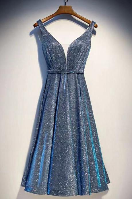 Sparkling Blue Party Dress Deep V Neck Evening Dress Spaghetti Straps Prom Dress Backless Sexy Homecoming Dress