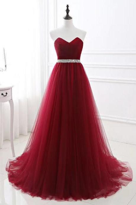 Red Party Dress Strapless Long Prom Dress Sexy Backless Formal Dress Tulle Beads Floor Length Dress