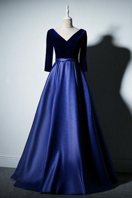 V-neck Prom Dresss,royal Blue Party Dress,long Sleeve Evening Dress,custom Made