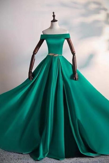 Off shoulder evening dress,satin prom dress,green party dress,custom made
