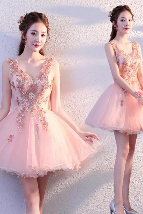 Handmade Floral ,pink Homecoming Dress, V-neck Party Dress,custom Made