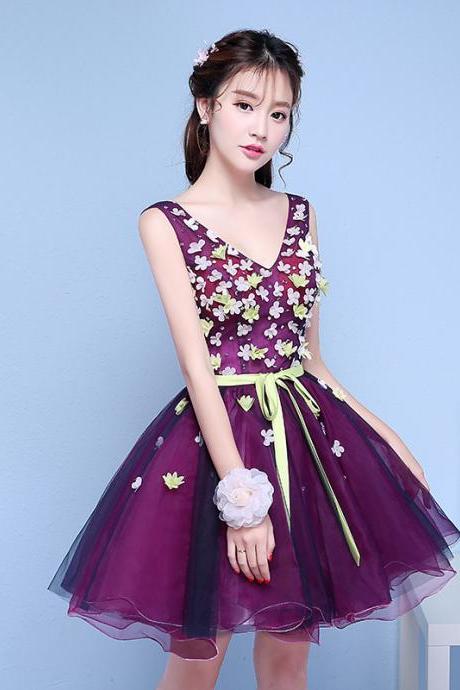 Handmade Floral ,grape Purple Homecoming Dress, V-neck Party Dress,custom Made