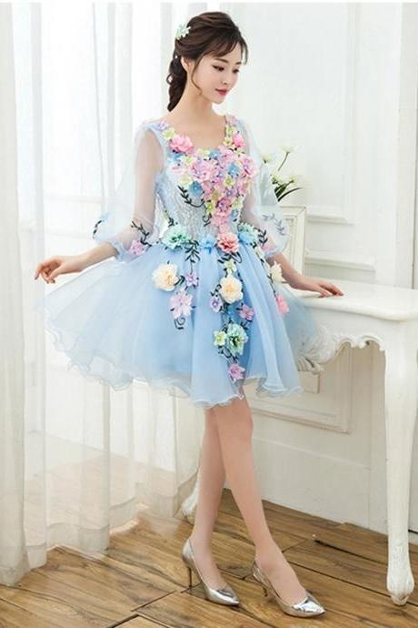 Blue Homecoming Dress,floral Fancy Party Dress,cute Dress,custom Made