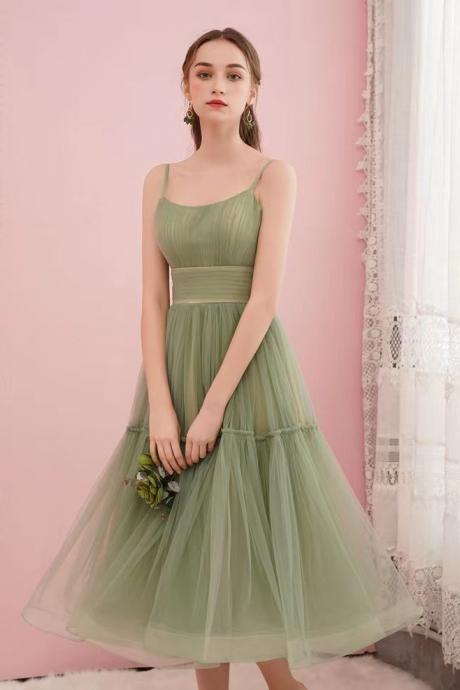 Spaghetti Strap Bridesmaid Dress,green Midi Dress,custom Made