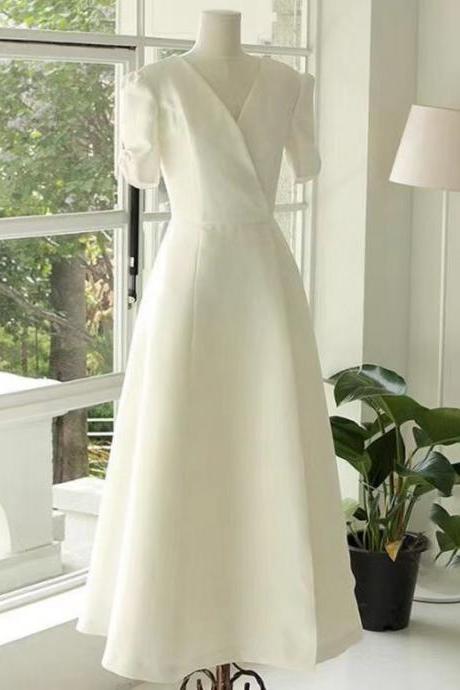 V-neck Wedding Dress,white Satin Bridal Dress,custom Made