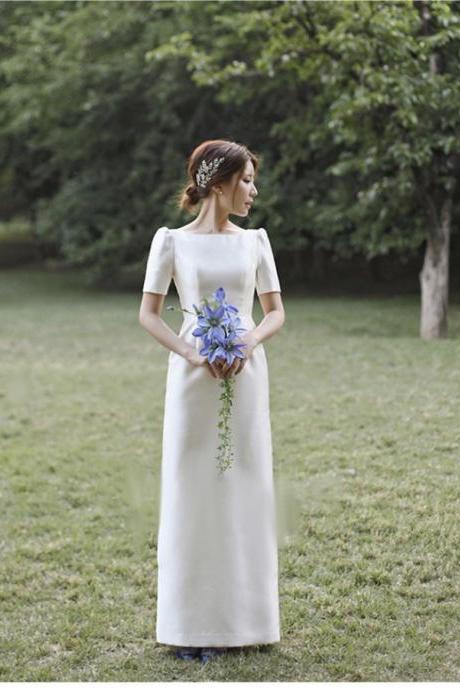 Satin Wedding Dress, Simple Short Sleeve Bridal Dress,custom Made