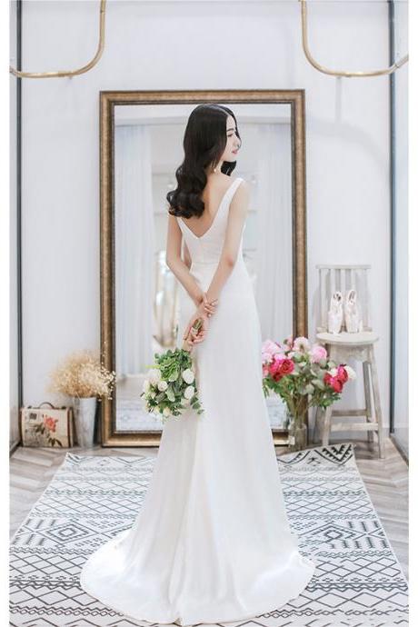 Satin Wedding Dress, Backless Bridal Dress,v-neck Prom Dress,custom Made