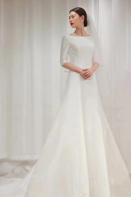Satin Bridal Dress, Mid Sleeve Wedding Dress,elegant Bridal Dress,custom Made