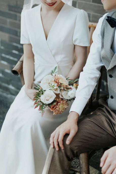 V-neck Bridal Dress, Short Sleeve Wedding Dress,elegant Bridal Dress,custom Made