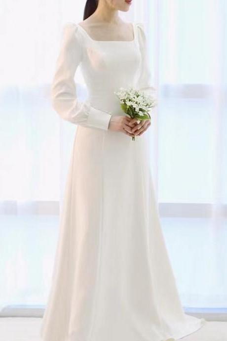 Long Sleeve Wedding Dress, Simple Bridal Dress,satin Wedding Dress,custom Made