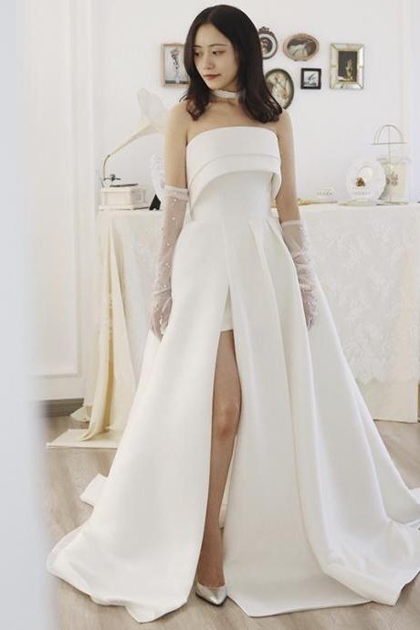 Strapless Wedding Dress,satin Bridal Dress,split Bridal Dress,custom Made