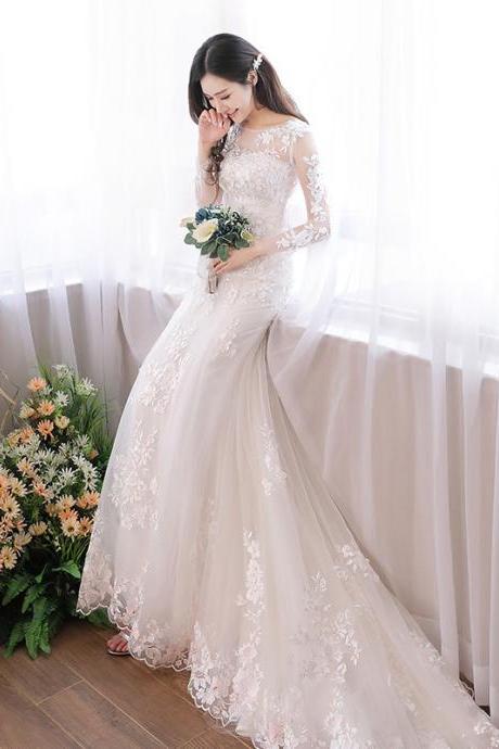 Mermaid Long Sleeve Wedding Dress, Sexy Trailing Bridal Dress,custom Made