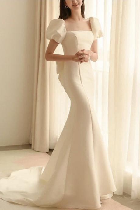 Puffed Sleeve Evening Dress, White Mermaid Evening Dress ,custom Made