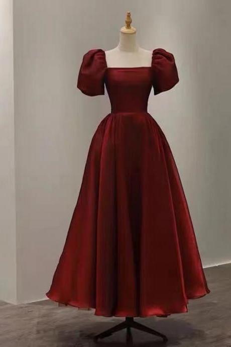 Red party dress,puff sleeve evening dress,satin long prom dress,backless floor length dress,custom made