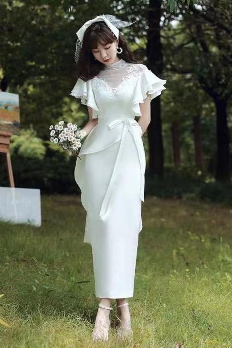 White wedding dress,short sleeve wedding dress,lace applique wedding dress,custom made