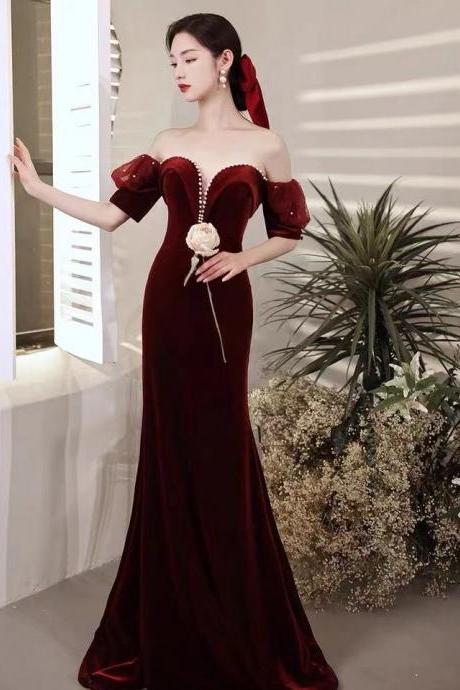 Wine red party dress,off shoulder evening dress,velvet mermaid long prom dress,backless sexy formal dress,custom made