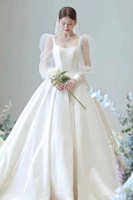 White Wedding Dress,transparent Long Sleeve Wedding Dress,satin Ball Gown Wedding Dress ,custom Made