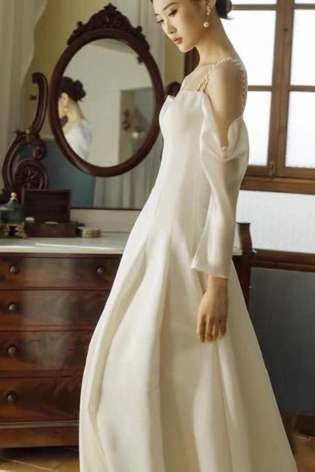 White Wedding Dress,long Sleeve Wedding Dress,satin Beads Wedding Dress ,custom Made